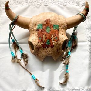 Rustic Bull Skull Wall Decor with Turquoise Accents